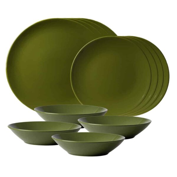 Dinner set for 4 people, with deep plate, Round, Glossy Olive Green