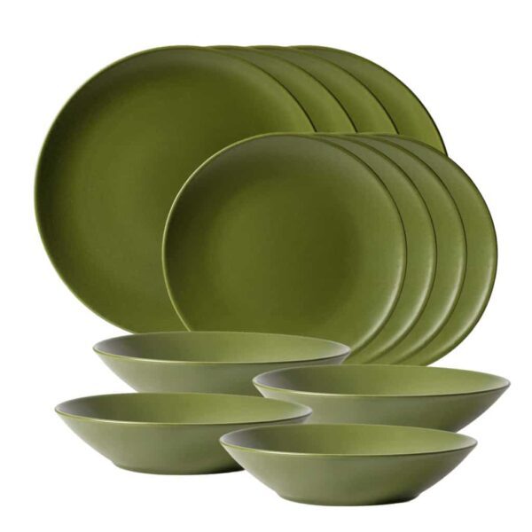 Dinner set for 4 people, with deep plate, Round, Matte Olive Green