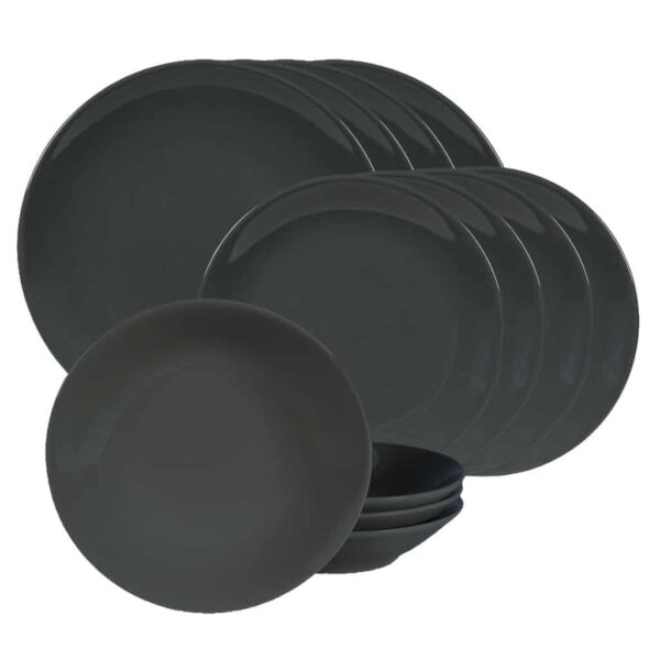 Dinner set for 4 people, with deep plate, Round, Glossy Dark Gray
