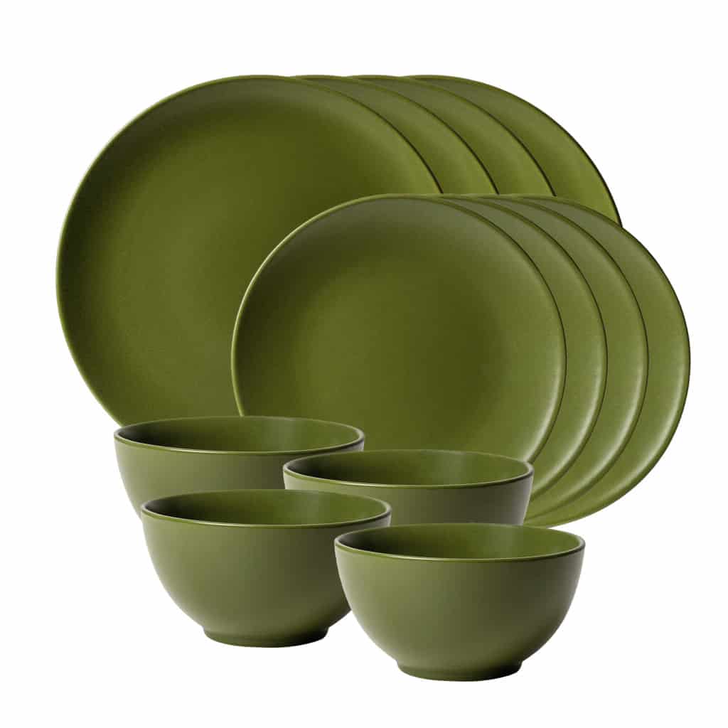 Dinner set for 4 people, with bowl, Round, Matte Olive Green