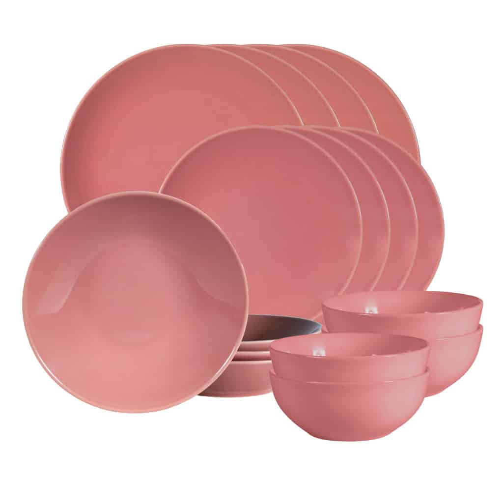 Dinner set for 4 people, with deep plate and bowl, Round, Glossy Pink