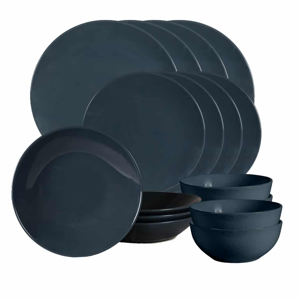 Dinner set for 4 people, with deep plate and bowl, Round, Glossy Anthracite Gray