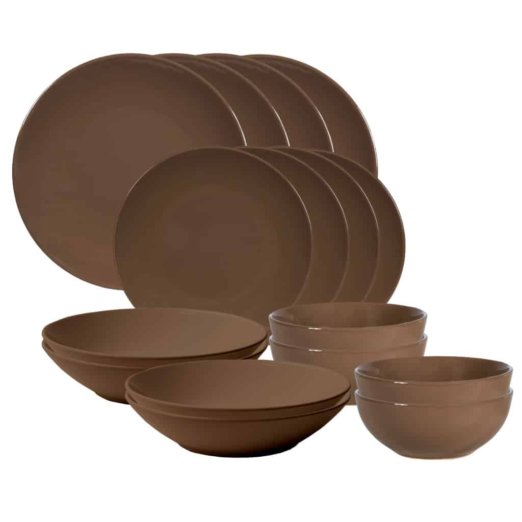 Dinner set for 4 people, with deep plate and bowl, Round, Glossy Dark Brown