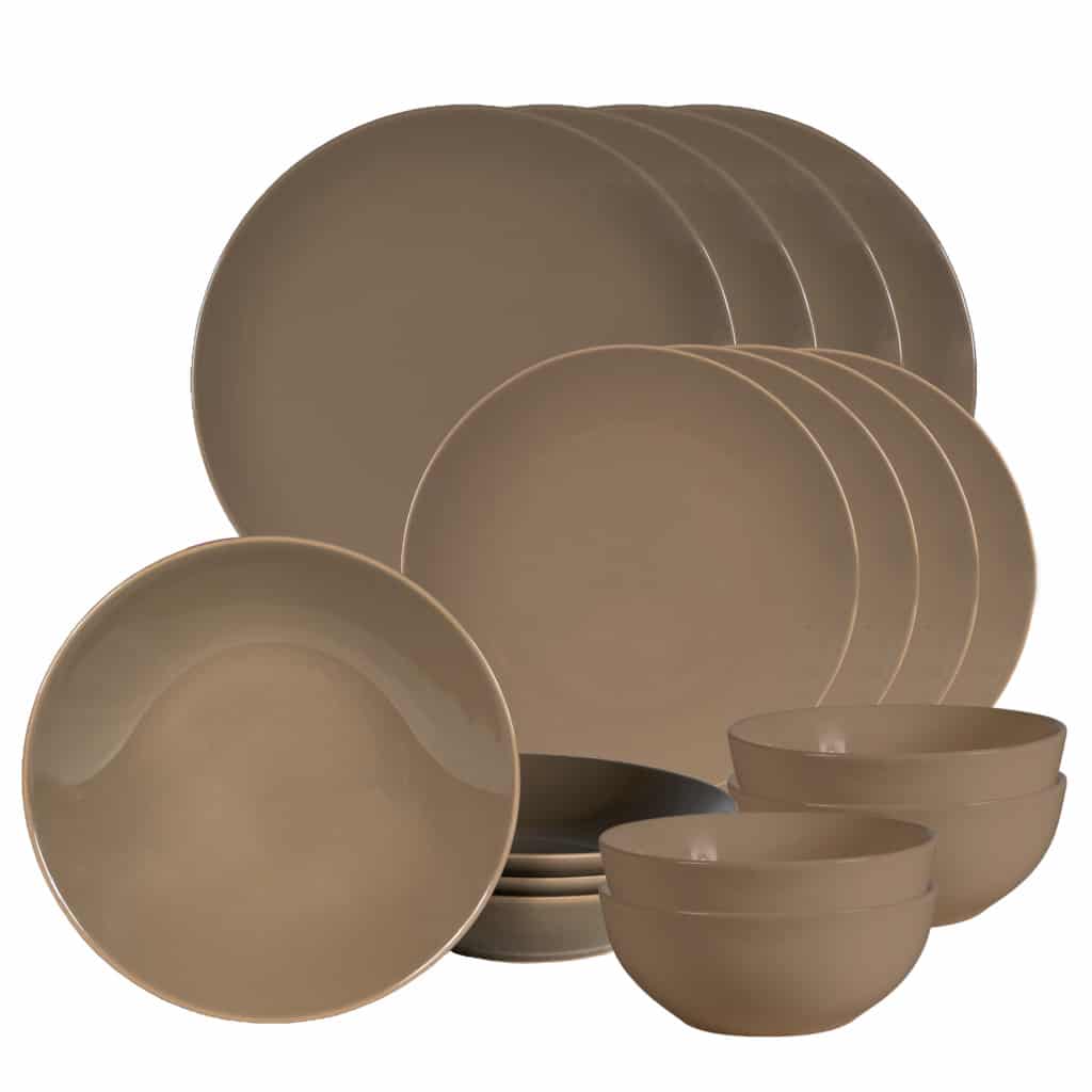 Dinner set for 4 people, with deep plate and bowl, Round, Glossy Brown