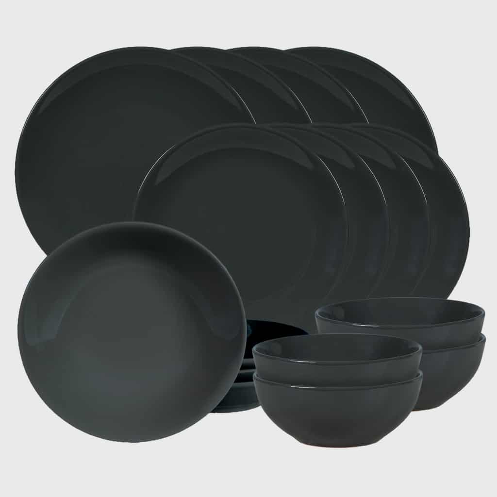 Dinner set for 4 people, with deep plate and bowl, Round, Glossy Dark Gray