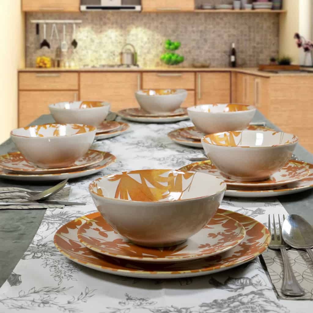 Dinner set for 6 people, with bowl, Round, Glossy Ivory decorated with orange leaves