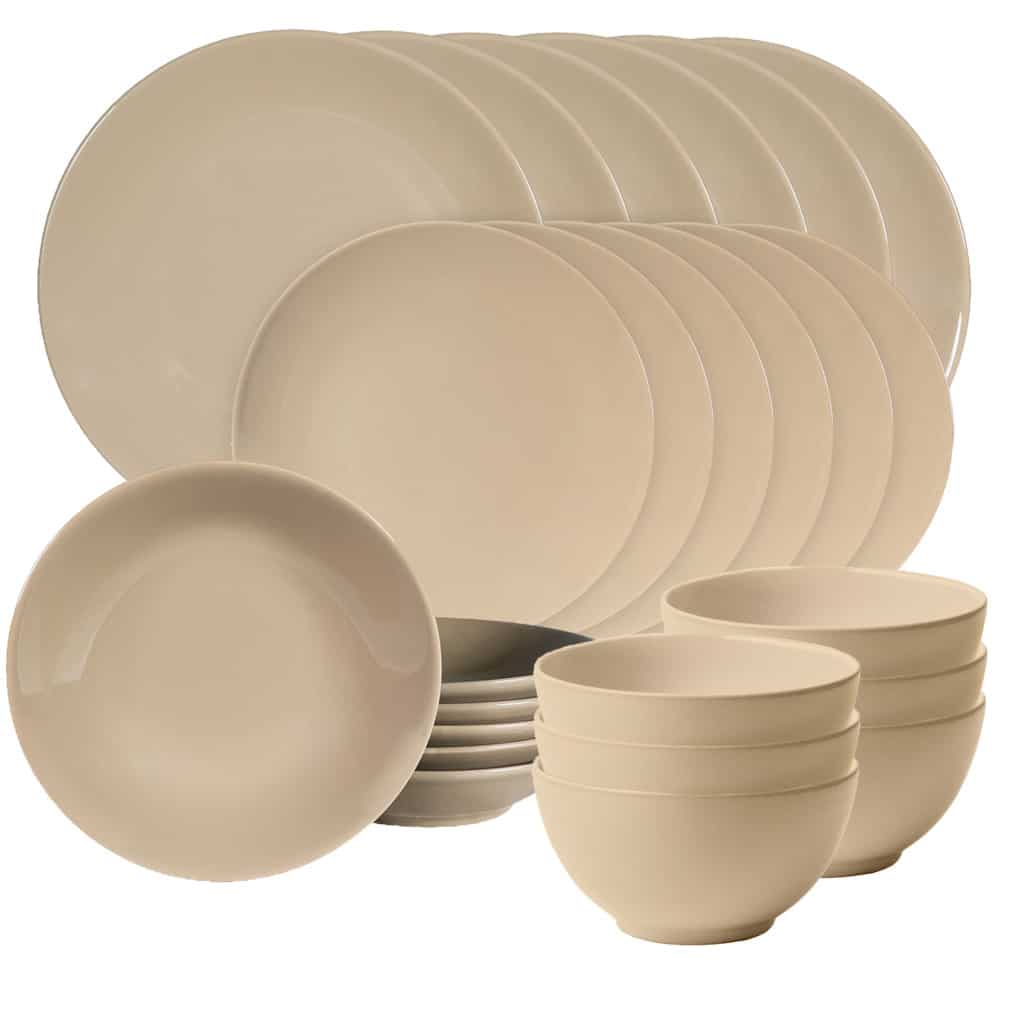 Dinner set for 6 people, with deep plate and bowl, Round, Glossy Light Brown