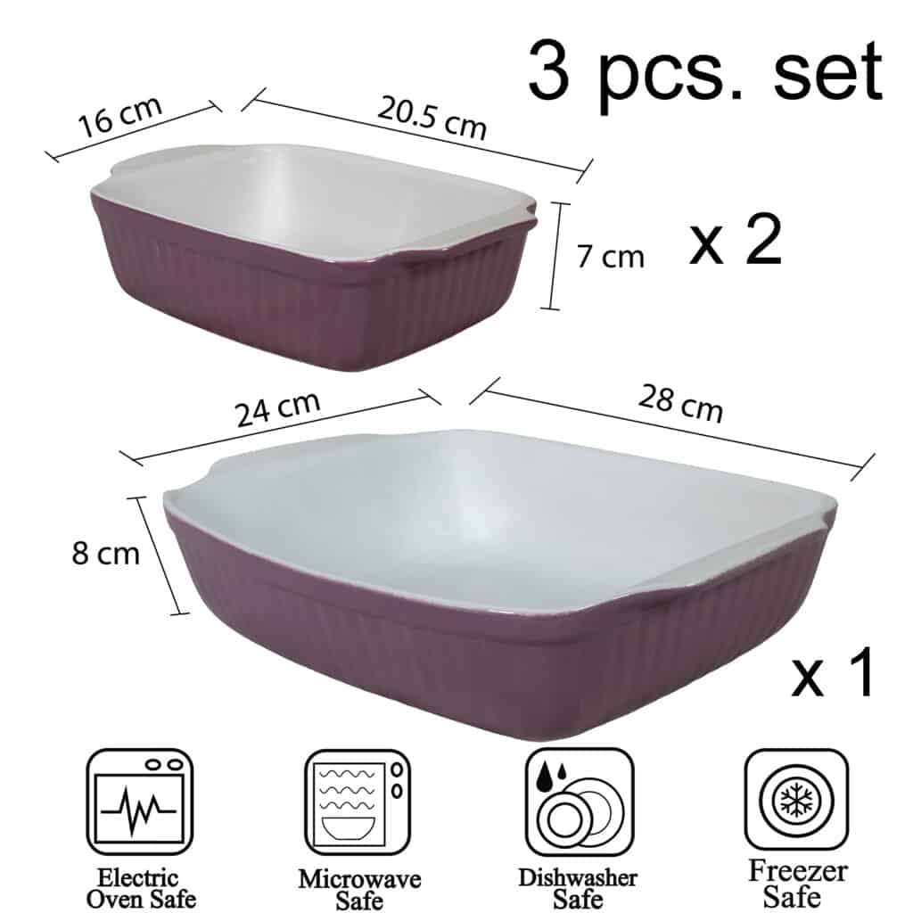 Set of 3 heat-resistant tray, Rectangular, Mixed size, Glossy White and purple
