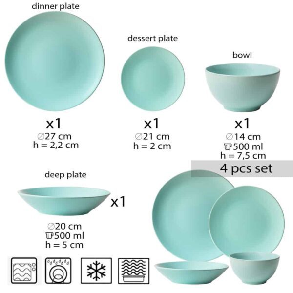 Dinner set for one person, with deep plate and bowl, Round, Matte Light Turquoise