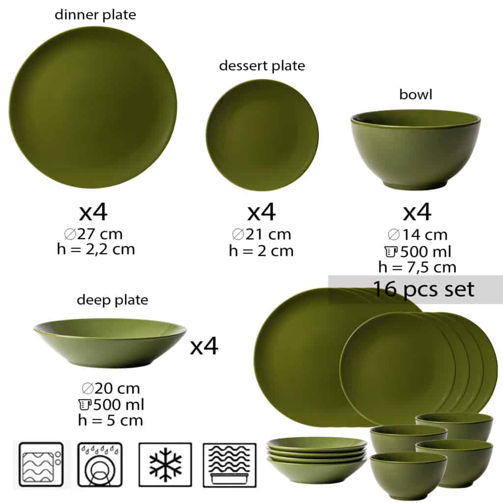 Dinner set for 4 people, with deep plate and bowl, Round, Glossy Olive Green
