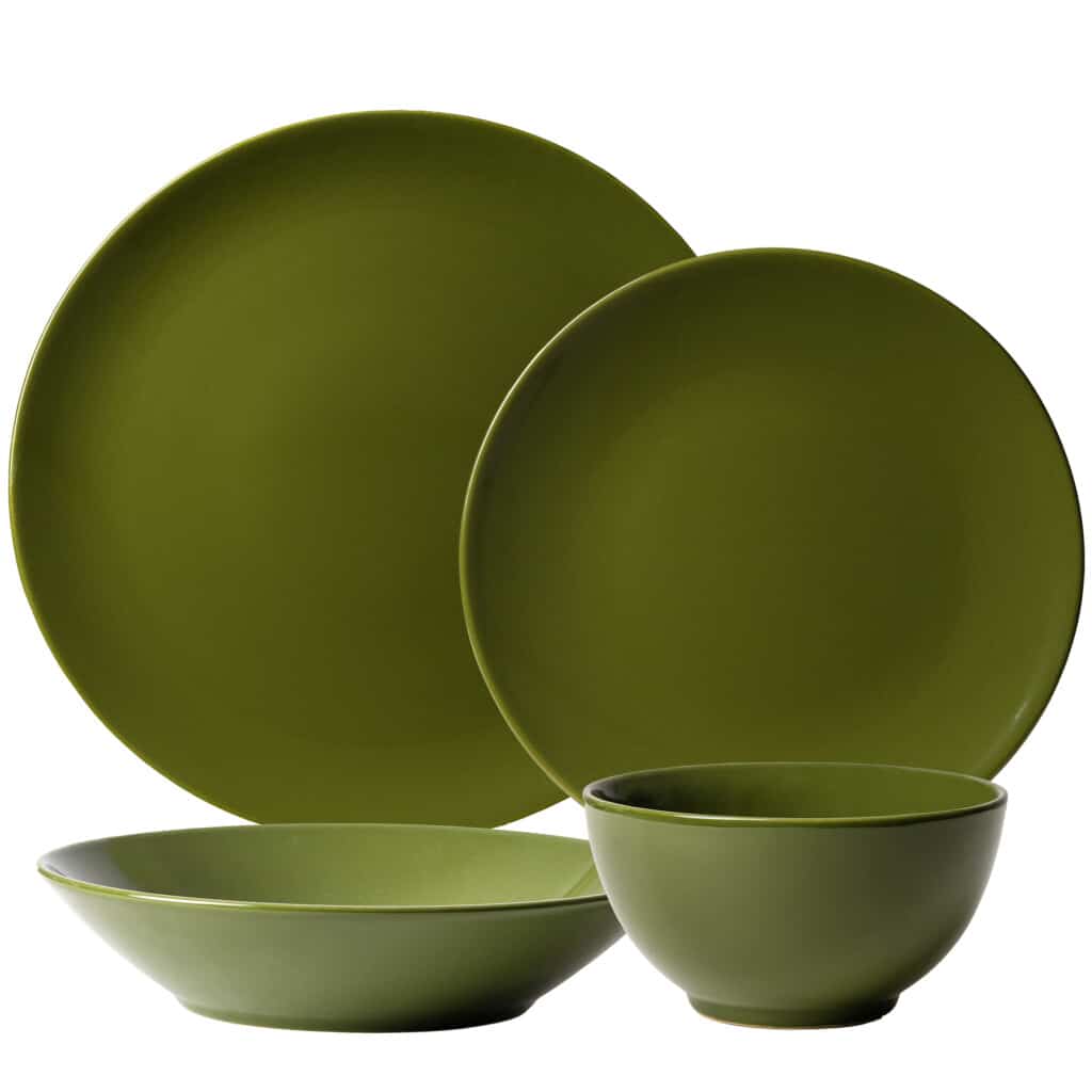 Dinner set for one person, with deep plate and bowl, Round, Glossy Olive Green