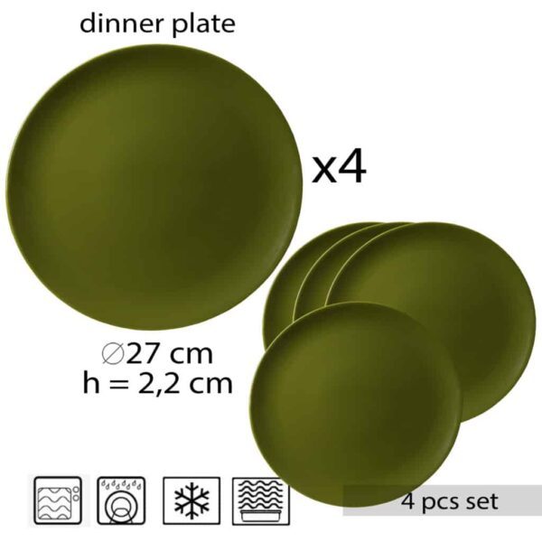 Set de 4 farfurii de masă, rotunde, 26 cm, verde-oliv lucios