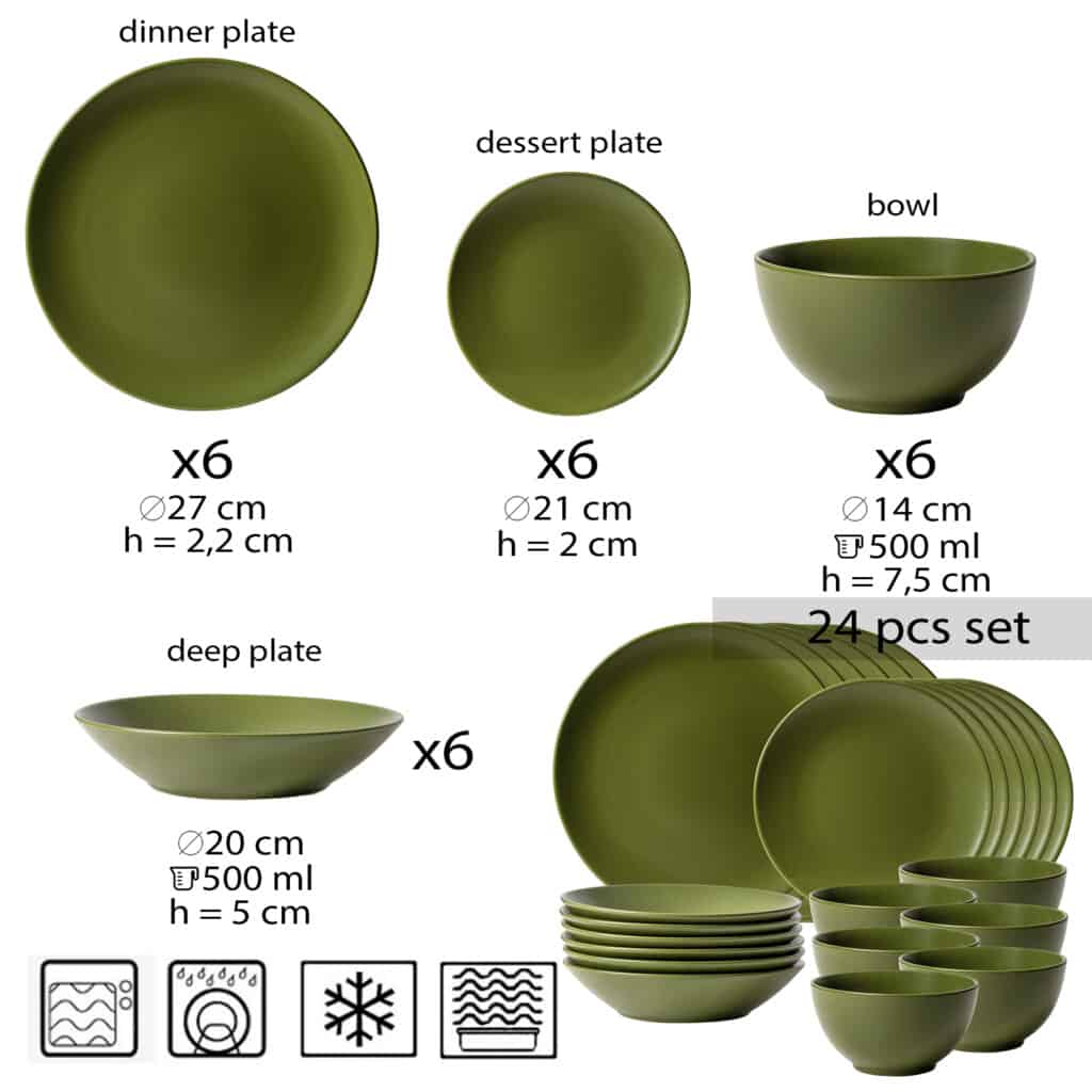 Dinner set for 6 people, with deep plate and bowl, Round, Matte Olive Green