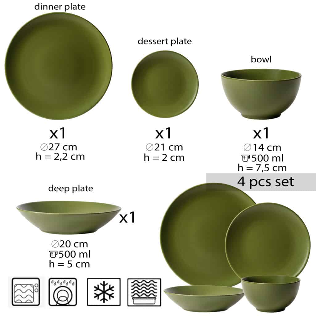 Dinner set for one person, with deep plate and bowl, Round, Matte Olive Green