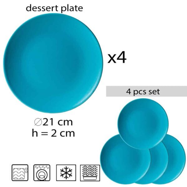 Set of 4 dessert plate, Round, 20 cm, Matte Dark Turquoise