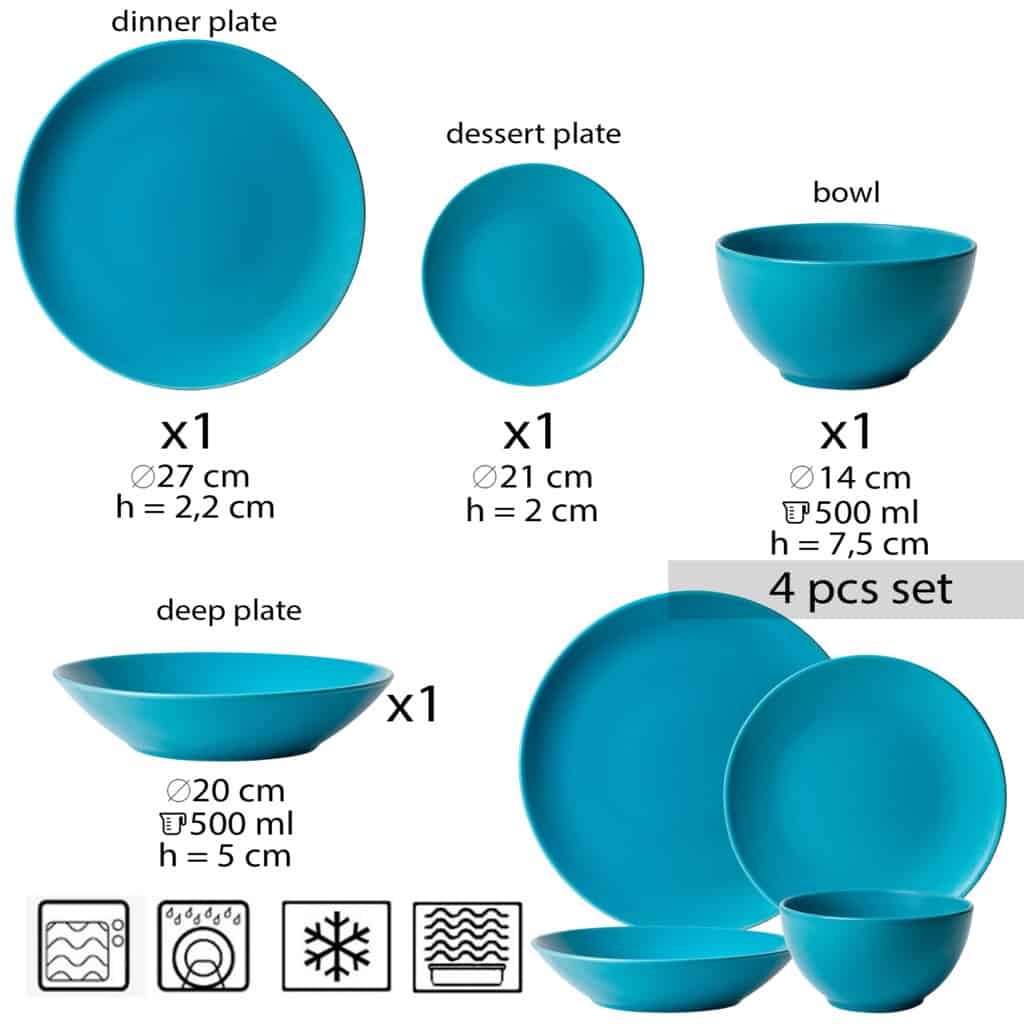 Dinner set for one person, with deep plate and bowl, Round, Matte Dark Turquoise