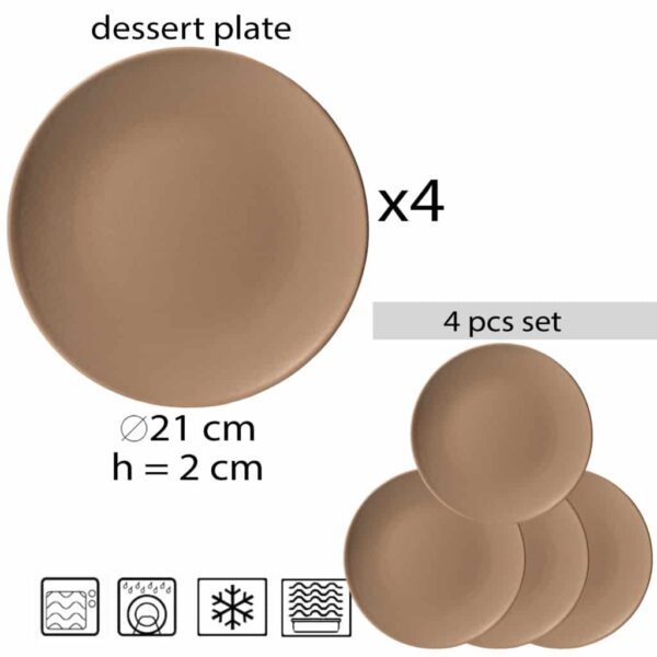 Set of 4 dessert plate, Round, 20 cm, Matte Silver Brown