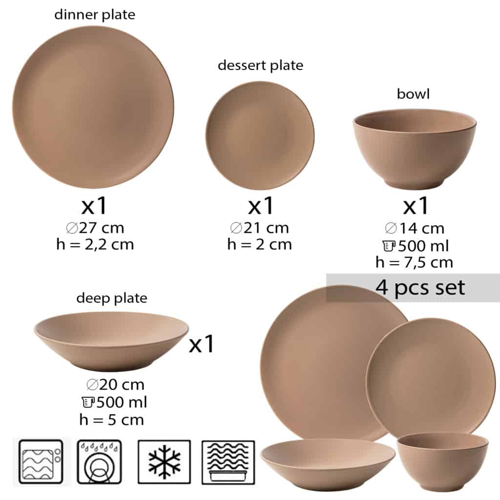 Dinner set for one person, with deep plate and bowl, Round, Matte Silver Brown