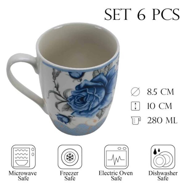 Set of 6 mugs, 280 ml, Glossy White decorated with blue rose