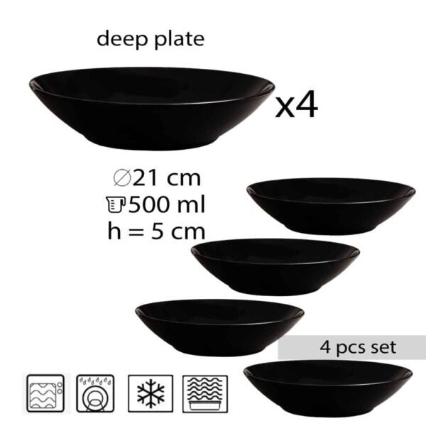 Set of 4 deep plate, Round, 21 cm, Glossy Black