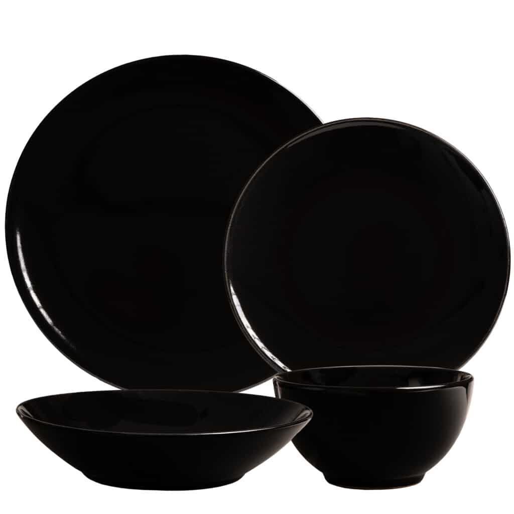 Dinner set for one person, with deep plate and bowl, Round, Glossy Black