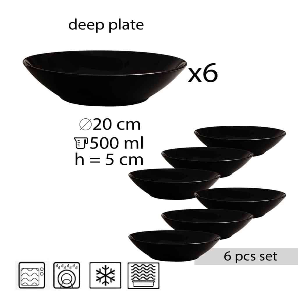 Set of 6 deep plate, Round, 21 cm, Glossy Black