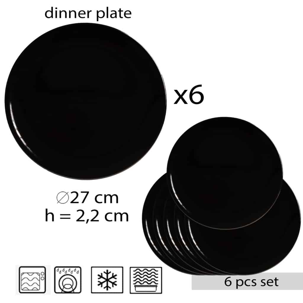 Set de 6 farfurii de masă, rotunde, 26 cm, negru lucios