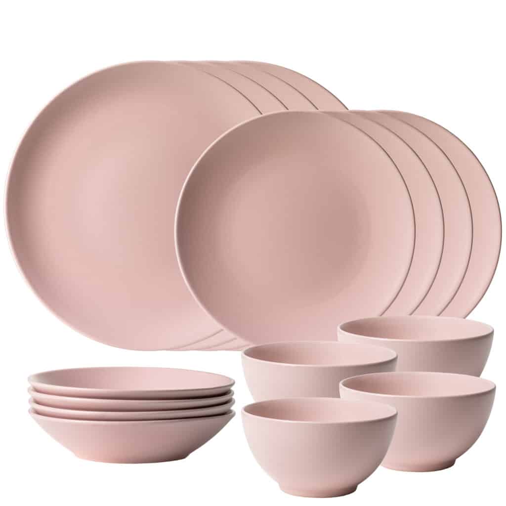 Dinner set for 4 people, with deep plate and bowl, Round, Matte Pastel Pink