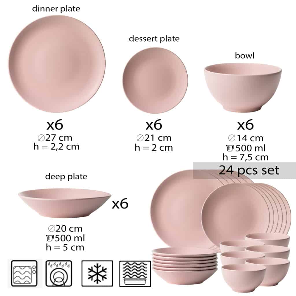 Dinner set for 6 people, with deep plate and bowl, Round, Matte Pastel Pink