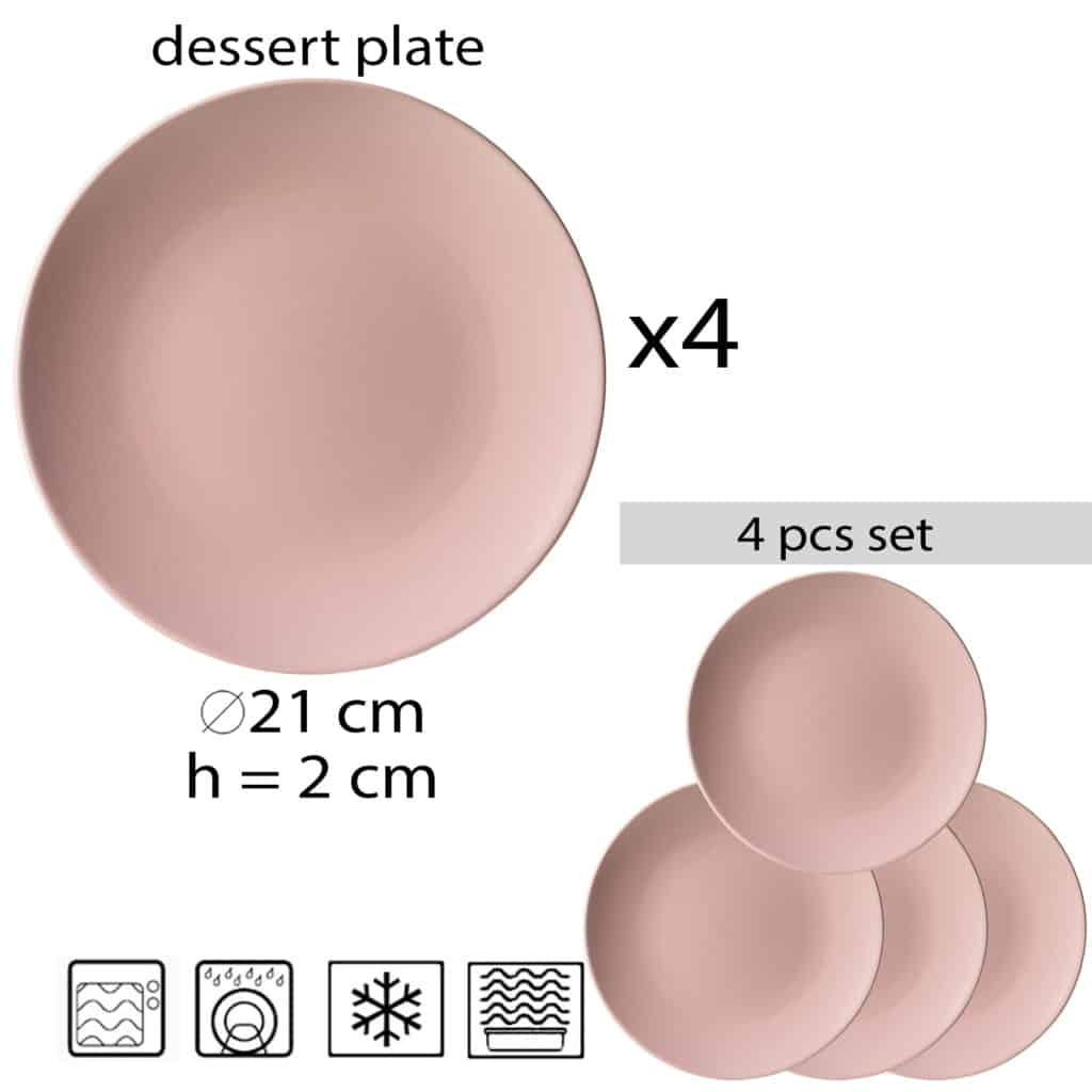 Set of 4 dessert plate, Round, 20 cm, Matte Pastel Pink