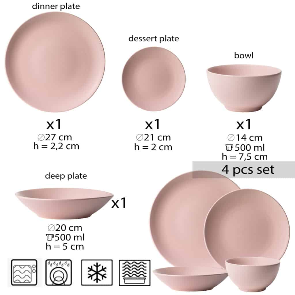 Dinner set for one person, with deep plate and bowl, Round, Matte Pastel Pink