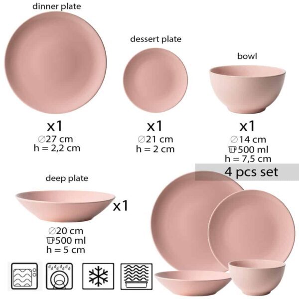 Dinner set for one person, with deep plate and bowl, Round, Glossy Pastel Pink