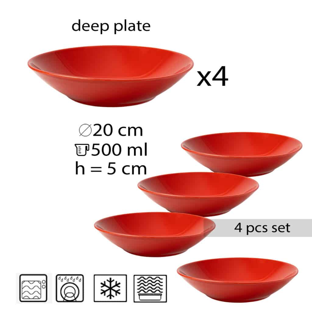 Set of 4 deep plate, Round, 21 cm, Glossy Red
