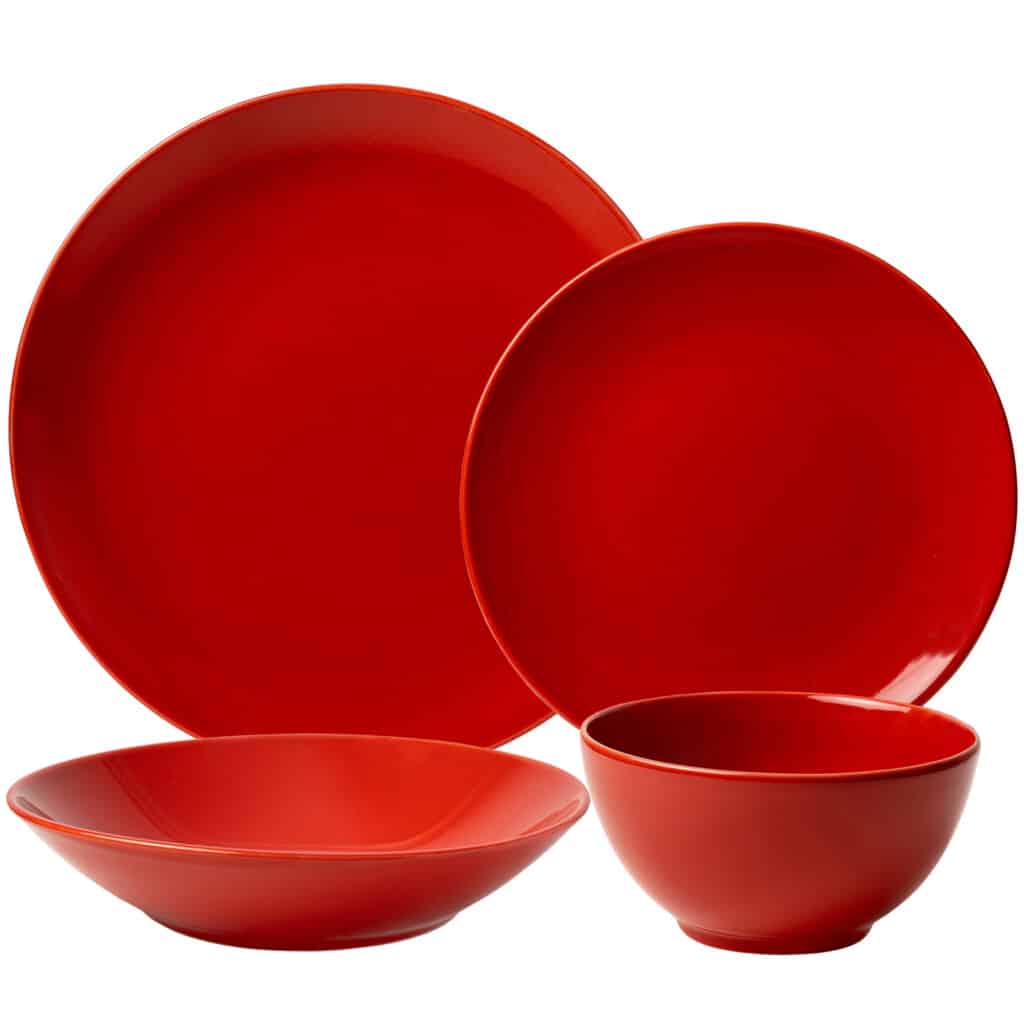 Set de masă pentru o persoană, cu farfurie adâncă și bol, rotund, roșu lucios
