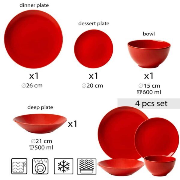 Dinner set for one person, with deep plate and bowl, Round, Glossy Red
