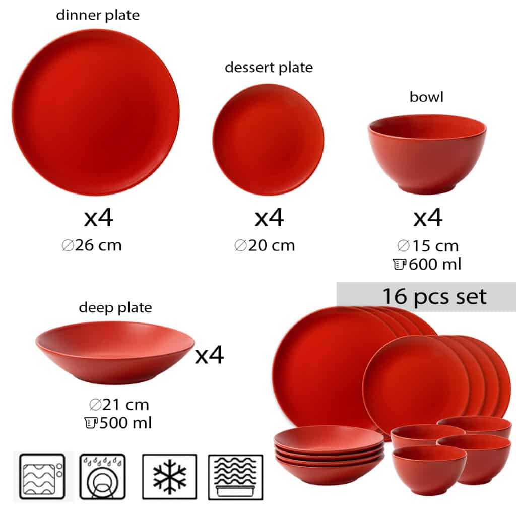 Dinner set for 4 people, with deep plate and bowl, Round, Matte Red