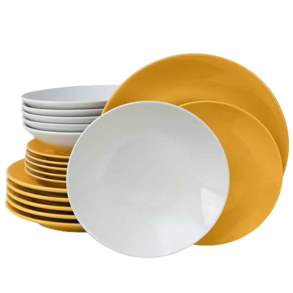 Dinner set for 6 people, with deep plate , Round, Glossy White/Dark Yellow