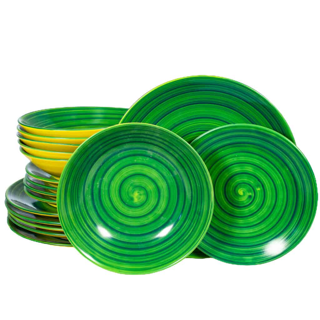 Dinner set for 6 people, Glossy Yellow decorated with green spiral