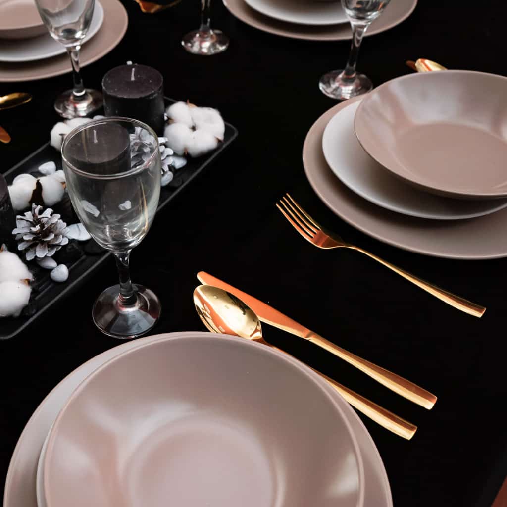 Set de masă pentru 4 persoane, cu farfurie adâncă, rotundă, alb mat/maro-argintiu mat