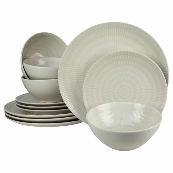 Dinner set for 4 people, with bowl, Round, Glossy Ivory decorated with blue lines