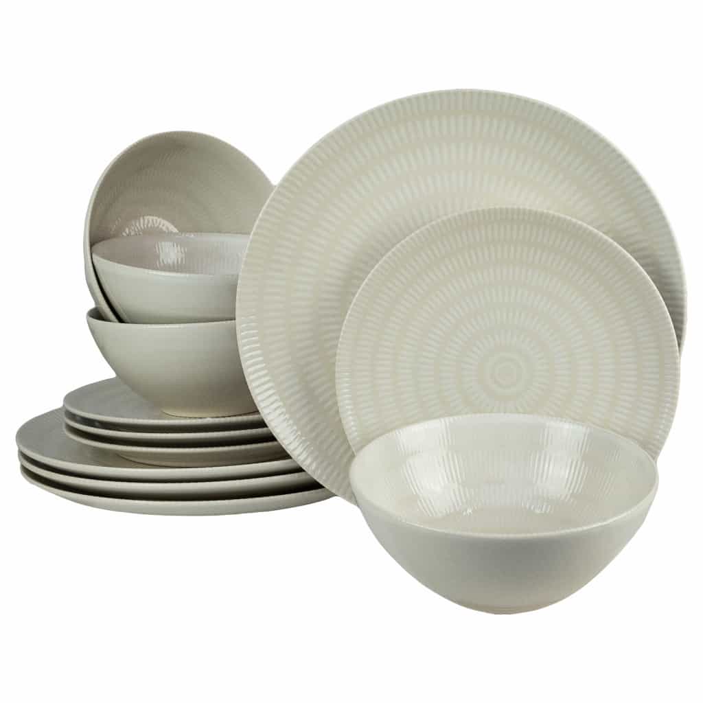 Dinner set for 4 people, with bowl, Round, Glossy Ivory decorated with white lines