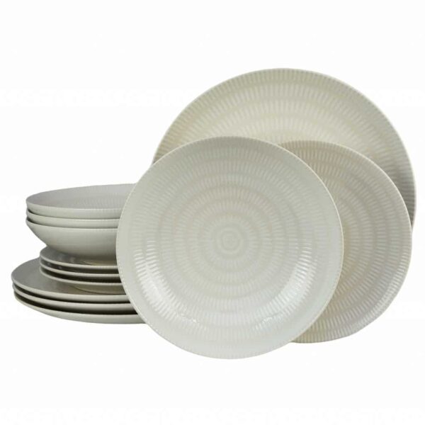 Dinner set for 4 people, with deep plate, Round, Glossy Ivory decorated with white lines