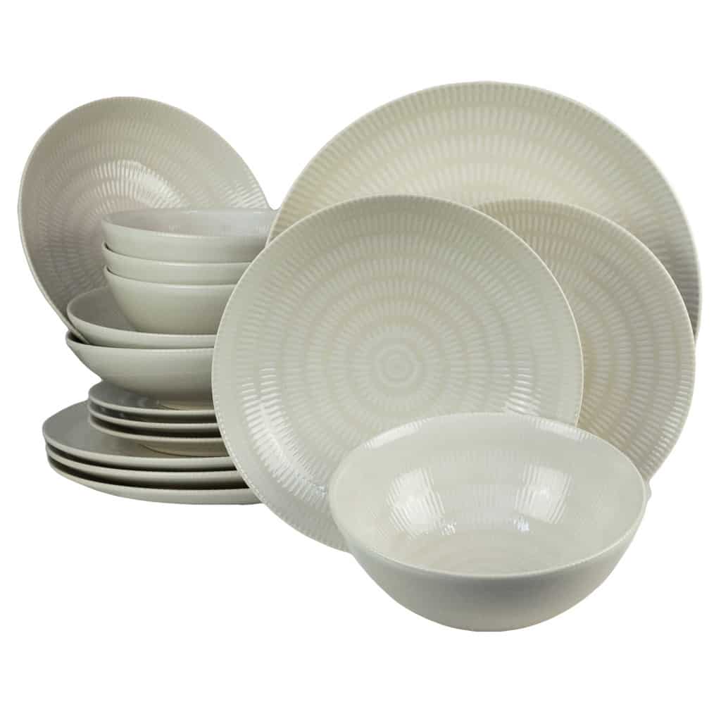 Dinner set for 4 people, with deep plate and bowl, Round, Glossy Ivory decorated with white lines