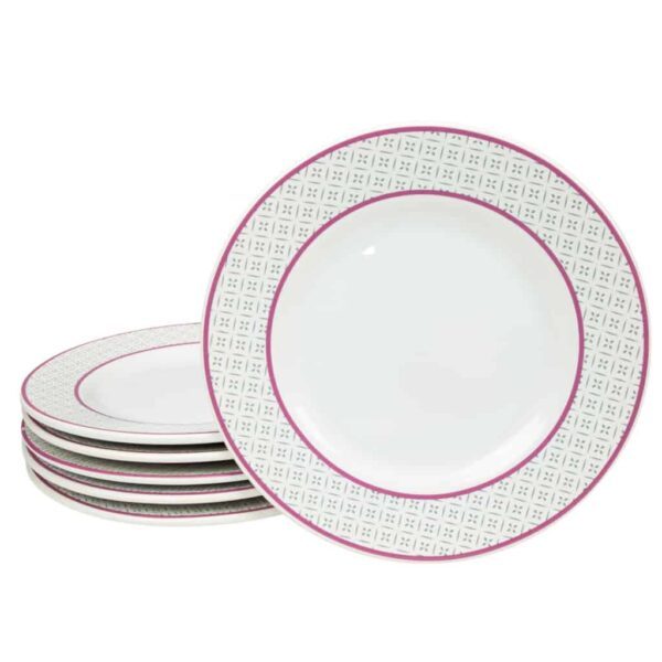 Set of 6 dessert plate, Round, 20 cm, Glossy White decorated  with purple and gray ribbon