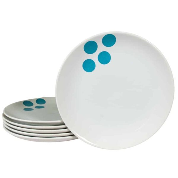 Set of 6 dinner plate, Round, 26 cm, Glossy White decorated with four turquoise dots