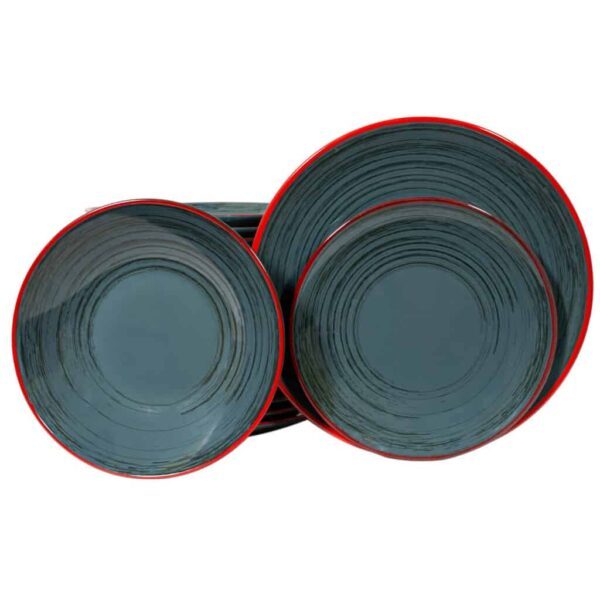Dinner set for 6 people, Glossy Gray decorated with broken lines and red edge