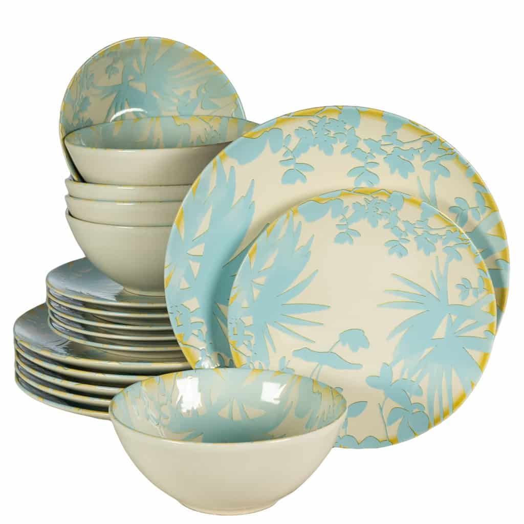 Dinner set for 6 people, with bowl, Round, Glossy Ivory decorated with light blue leaves
