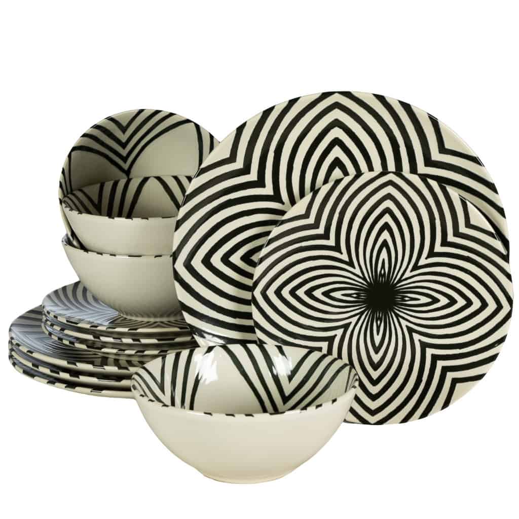 Dinner set for 4 people, with bowl, Round, Glossy Ivory decorated with black lines