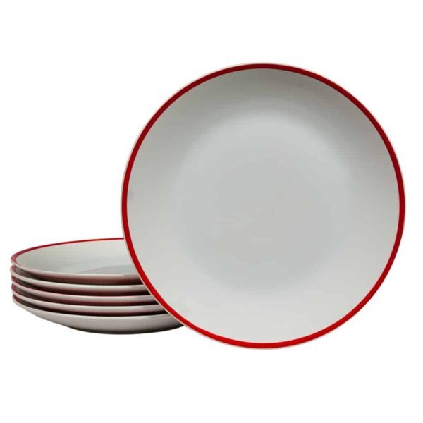 Set of 6 dinner plate, Round, 26 cm, Glossy White with red edge