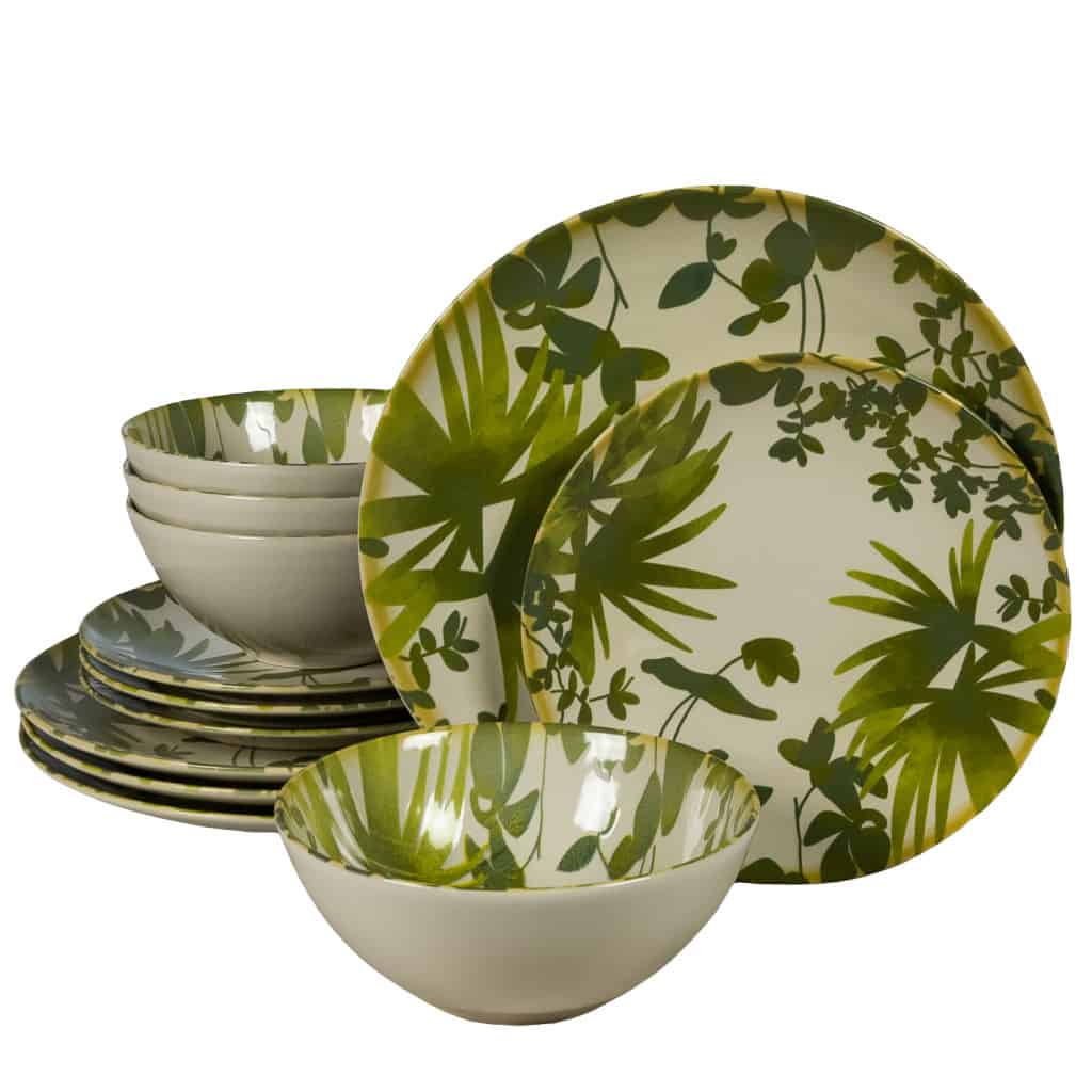 Dinner set for 4 people, with bowl, Round, Glossy Ivory decorated with green leaves